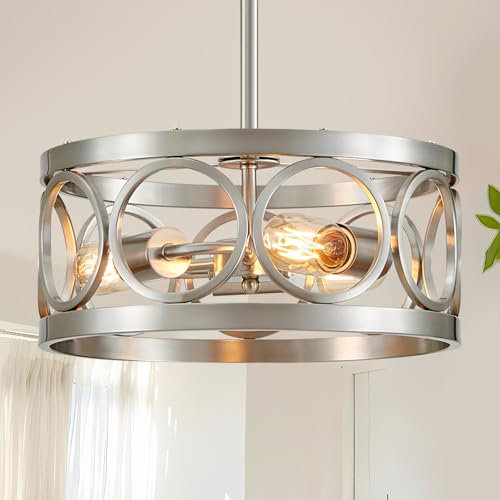 Majhoiw Moderne 3 Licht Pendelleuchte Kronleuchter Vintage Deckenlampe E27 Metall Drum Lampenschirm Hängeleuchte Nickel Hängelampe für Wohnzimmer, Esszimmer, Schlafzimmer