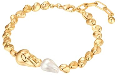 Yokoamii Damen Armband Metall-Legierung gelbgold | gelbvergoldet 14 Karat, Modeschmuckarmband, Muschelkernperle, ca. 8,0 - 8,5 mm, weiß, barock, Karabinerverschluss