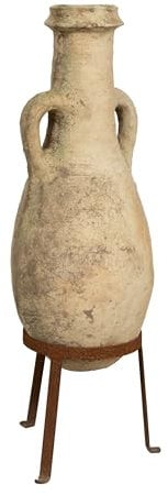 Biscottini Vecchia anfora giara con manici e base portavasi in ferro - Anfora in terracotta con base in ferro - Vaso in terracotta - Portavaso da balcone - Anfora con supporto - Giara