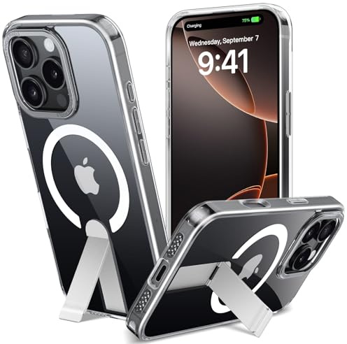 nicekool Cover con cavalletto per IPhone 16 Pro, Trasparente | Compatibile con MagSafe, Custodia Traslucida Opaca Antigraffio con Supporto Antiurto Protettiva Case, 3 Modalità di Supporto