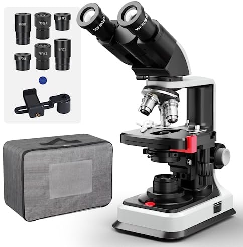 [Duales Netzteil] Vabiooth Lab Binokularmikroskop 40X-2500X Vergrößerung, Zweischicht-Mechaniktisch, 20-mm-Weitfeld-10X/16X/25X-Okulare, Duales Netzteil, Abbe-Kondensor