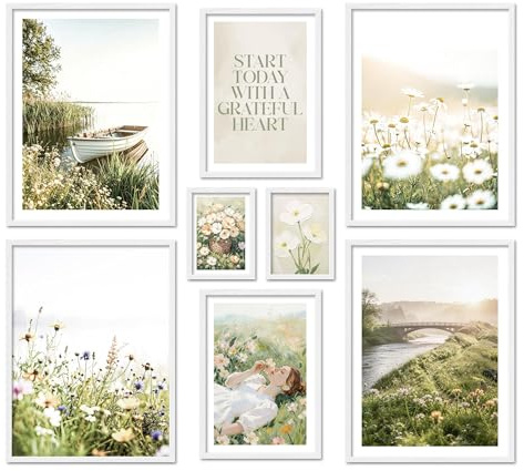 ARTFAVES® Poster Set - SUMMER MORNING - mehrteilige Wanddeko Wohnzimmer & Schlafzimmer - 8 moderne Wandbilder sommer, frühling, see, grün, vintage, blumen, blumenwiese - mit Rahmen Weiss