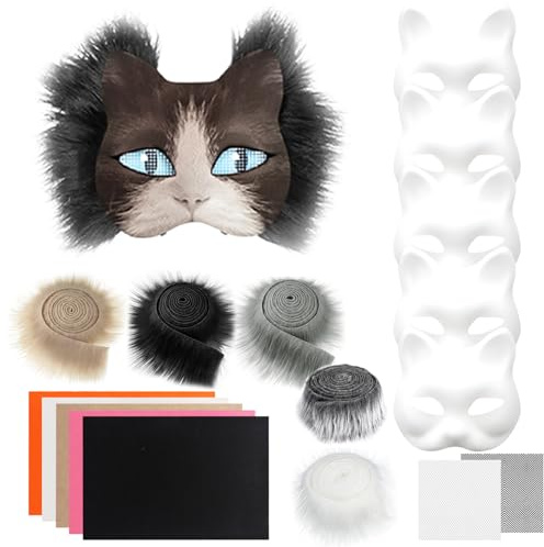 Katzenmasken zum Bemalen, 6 Stück Therian Mask, DIY Katzen Masken zum Basteln, Furry Tiermasken mit Kunstpelz, Augennetz und Filztuch, Katzenmaske für Halloween, Karneval, Maskerade, Party Cosplay