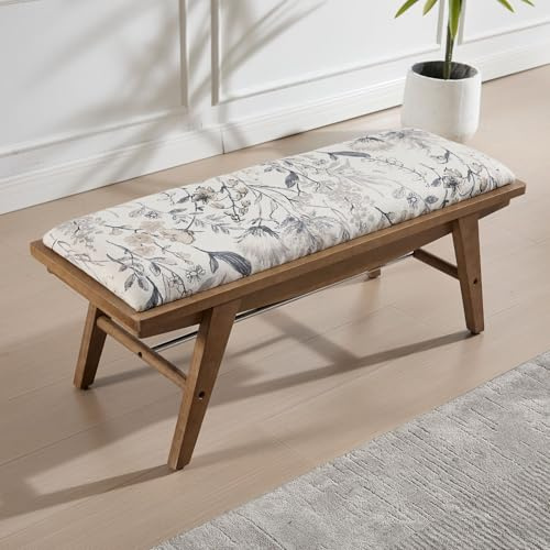 chairus Linen Upholstered Bench Seat with Wooden Legs, Floral Printed