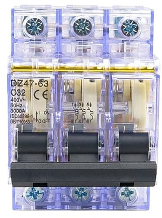 Disjoncteur triphasé 32 A, boîtier transparent, rail DIN, certifié for les systèmes électriques industriels