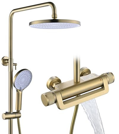 Columna de Ducha Termostática, Columna Ducha con Grifo para Bañera, Sistema de Ducha con Rociador Ducha y Alcachofa, Conjunto de Ducha Altura Ajustable, Cuerpo de Latón, Oro Cepillado