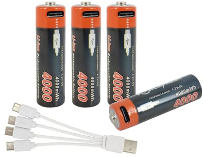 PowerSmart Lot de 4 piles AA de type C - 4000 mAh - 1,5 V - Haute capacité - Piles rechargeables AA Li-ion