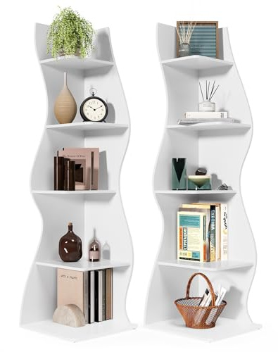 LITTLE TREE Bücherregal Ecke, Modernes Regal Schmal mit 6 Ebenen, 50 x 48 x 179 cm Bücherregal Holz, Standregal mit Wellen-Design für Kleine Räume, Wohnzimmer & Schlafzimmer, Weiß, 2er Pack