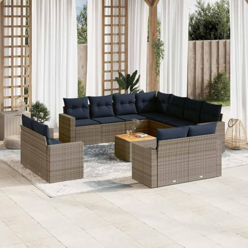 YuuSsea 12-TLG. Garten-Sofagarnitur Grau Poly Rattan mit Stauraum, Akazienholz-Tisch, Outdoor Seating, UV-beständig, pflegeleicht