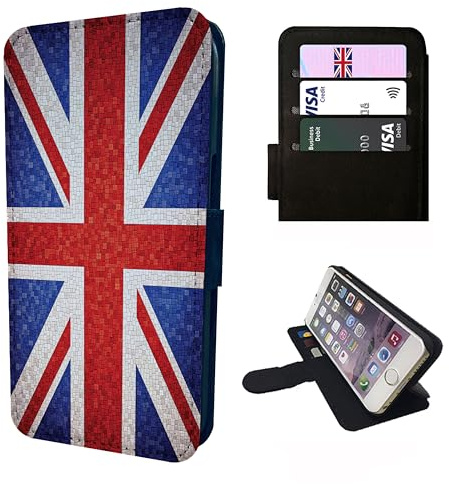 Union Jack Wallet Phone Case Flip Cover Compatible with iPhone SE X XR 11 12 13 14 15 16 16E Plus 17 Air Mini Pro Max – British Flag Design, Faux Leather Case with Card Slots, Shockproof Folio Mosaic