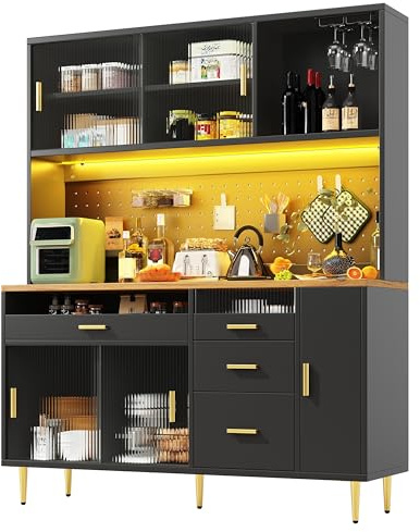 Gxffipw Küchenschrank Buffetschrank Höhe 171 cm mit LED Licht und Lochwandregalen, Hochschrank Küchenbuffet mit Gold Griff und Glastür, Küchenschränke Highboard mit Schubladen, Küchenmöbel, Schwarz