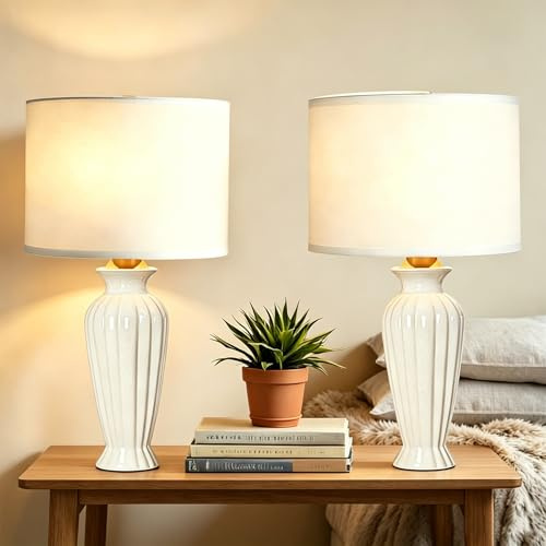 Amy&Lucky Bedside Table Lamps for Living Room, 3 Way Dimmable Ceramic Table Lamp for Bedroom, Farmhouse, Vintage Led Desk Lamp with White Fabric Shades (2