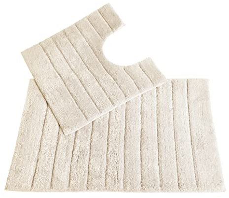 Allure Ribbed Design 2 Piece Bath and Pedestal Toilet Mat Set, 100% Cotton (Cream)