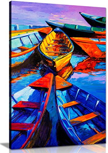 Blue Oil Painting Boats & Sea Modern Canvas Wall Art Picture Print (36x24)