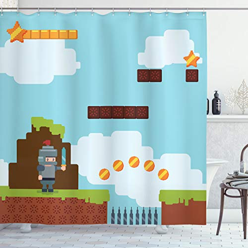 ABAKUHAUS Duschvorhang, 90Er Atari Spiel Highscore anzeige Super 32bit Ähnliches Pixel Art Design Bunter, Blickdicht aus Stoff inkl. 12 Ringen Umweltfreundlich Waschbar, 175 X 200 cm, Blau Braun