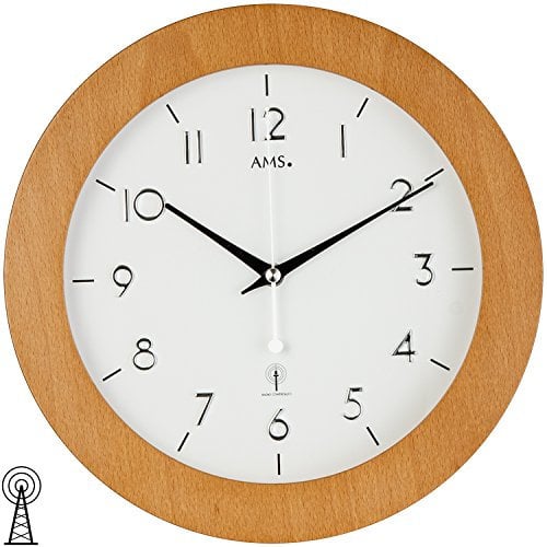 AMS 5836 Radio-Controlled Wall Clock Analogue Round Simple Wood Beech Veneered