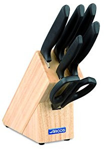 Arcos Serie Niza - Juego de Cuchillos de 6 Piezas (5 Cuchillos + 1 Tijeras) - Hoja de Acero Inoxidable Nitrum - Mangos de Polipropileno - Bloque de Madera Color marrón