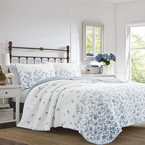Laura Ashley Home - Queen-Size-Bettwäsche-Set, wendbare Baumwoll-Bettwäsche mit passenden Kissenbezügen, vorgewaschene Wohnkultur für zusätzliche Weichheit (Flora Blue, Queen)