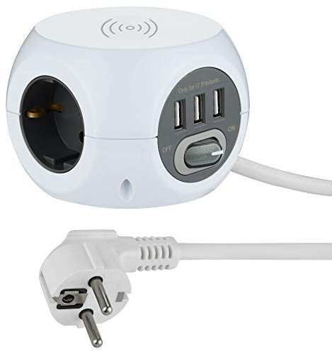 Electraline 62079 Mini Cube Steckdosenleiste mit schnellem drahtlosem Ladegerät, Fast Wirelss Charger, mit 3 USB-Anschlüssen 2,4 A, mit 3 Steckdosen mit Schalter, 1,5 m Kabel, weiß, Weib