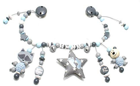 Kinderwagenkette mit Namen Junge Jungen grau Knisterstern Teddys Glöckchen