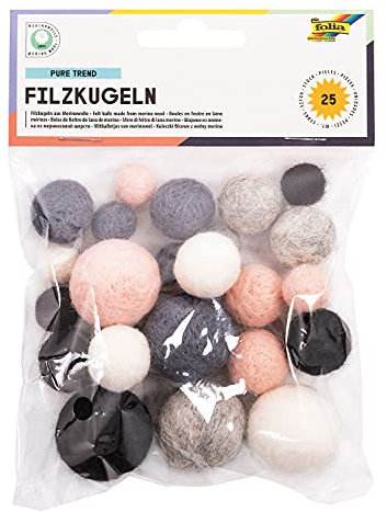 folia 5280 - Filzkugeln Pure Trend, 25 Kugeln aus 100 % Merinowolle, sortiert in 5 verschiedenen Farben und 3 Größen, ideal für Mobiles, Girlanden, uvm.