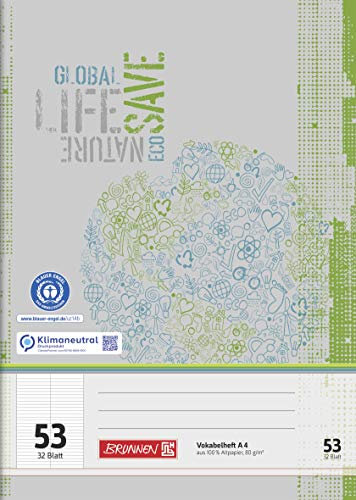 Brunnen 10x Vokabelheft Recycling A4 liniert, mit Teilungslinie, Lin. 53