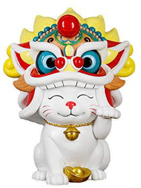 Maneki Neko Glückskatze Glücksbringer Spardose aus Harz Katze und Tanzender Löwe, Traditionelle Chinesische Kultur,Weiß,27X21X17CM