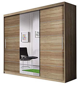 Kleiderschrank Schwebetürenschrank mit Spiegel, Kleiderstange und Einlegeboden für Schlafzimmer Wohnzimmer Schiebetüren Schrank Modern Design 225 cm ELBA (Sonoma+ Sonoma+ Spiegel)