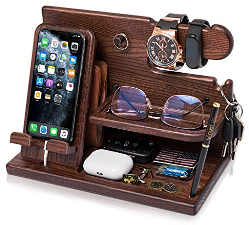 Teslyar Gifts for Men Wood Phone Docking Station Desk Organizer Fathers gifts Gifts for him Xmas gift Anniversary Birthday presents Nightstand Key Wallet Stand for Men, Boyfriend, Dad