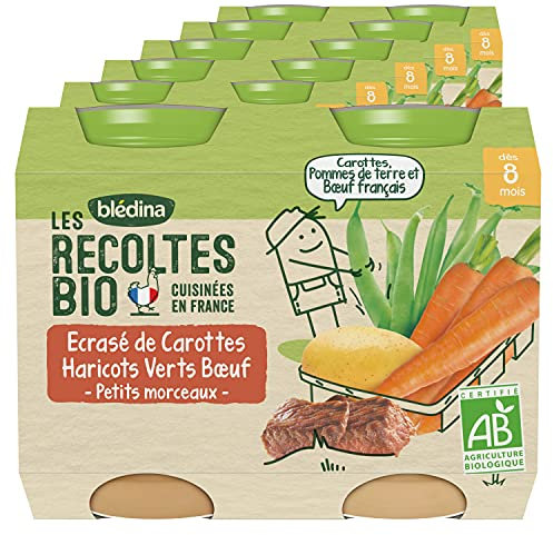 Blédina Les Récoltes Bio, Petits pots pour bébé Bio, Dès 8 Mois, Ecrasé de Carottes Haricots Verts Bœuf, 12x200g (Lot de 6*2)
