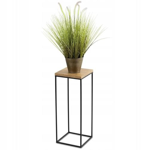 HowHomely Pflanzenständer Metall 60 cm Hoch - Stabiler und Fester Blumenhocker im Loft Stil - Blumenständer mit Eiche Optik MDF-Platte für die Innendekoration