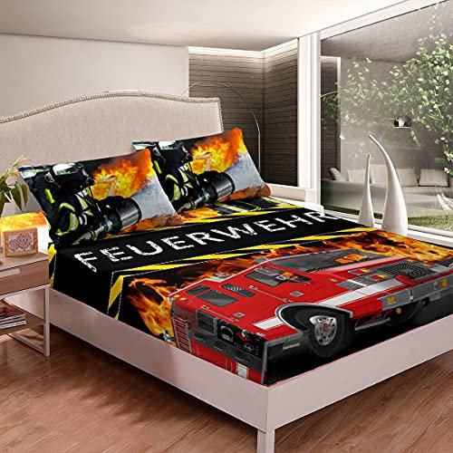 Loussiesd Feuerwehr Thema Bettlaken Set Feuerwehrwagen Spannbettlaken 90x200cm für Jungen Kinder Jugendliche Zimmer Dekorativ Fahrzeug Auto Spannbetttuch Coole Feuerwehrmänner