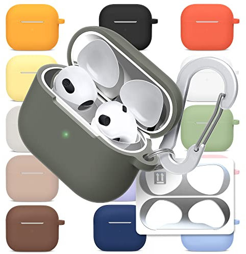 superdivision Silikon Hülle für AirPods 3 Stoßfest Schutzhülle mit Karabiner Staubdichter Metallic-Aufkleber kabelloses Laden [Front-LED Sichtbar]