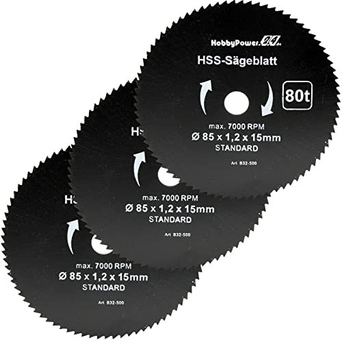 3 Stück HSS Sägeblatt Ø 85 x 15 mm 80 Zähne Kreissägeblatt Kreissäge für Holz, Kunststoff, Alu, Messing kompatibel mit 12V 10,8V Bosch, Makita, Handkreissäge