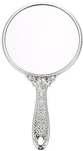 Handspiegel Retro- Griff Vintage Handheld- Spiegel Geprägte Oval Spiegel Tragbarer Make- Up- Spiegel für Frauen- Mädchen- Silber