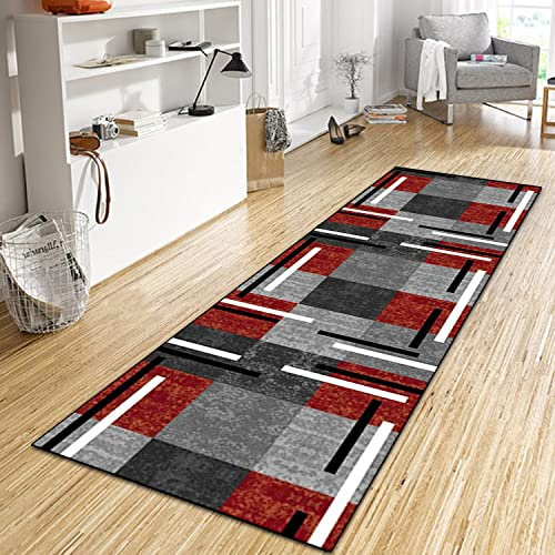 WTHYGB Teppich Läufer Flur Küche 100x300 cm, Modern rutschfest Waschbar Küchenläufer Flurläufer, Lang Polyester Plaid Dunkelgrau-Rot Teppichläufer für Korridor, Schlafzimmer, Innen Wohnzimmer