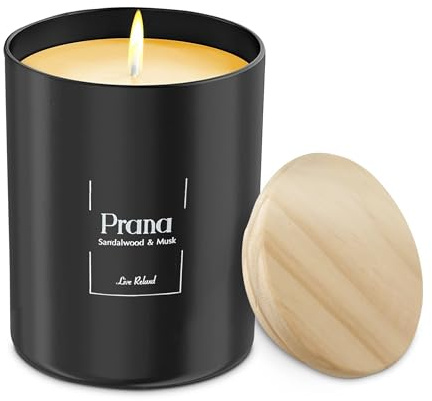 Premium Sandalwood & Musk Scented Candles (Prana), Natural Soy Candles Gifts for Women & Men, Hand Poured, Long Lasting Aromatherapy Essential Oil Candle, 45 Hour Burn Time