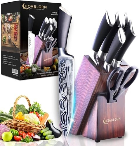 HOABLORN 7 Piezas Cuchillo de Cocina Profesional, Cuchillos de Chef, Cuchillo Bloque de madera Set, Cuchillos Cocina de Acero Damasco Set, Cuchillo Cocina, Cuchillo Universal para Pan de Santoku