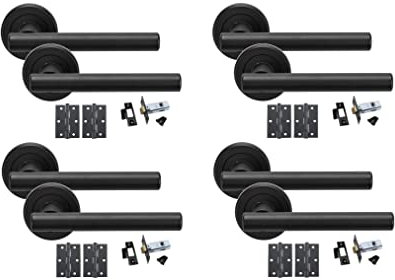 Golden Grace Straight T-Bar Design Door Handles on Round Rose in Matt Black Finish with Ball Bearing Hinges & 64mm Tubular Latch - 4 Sets