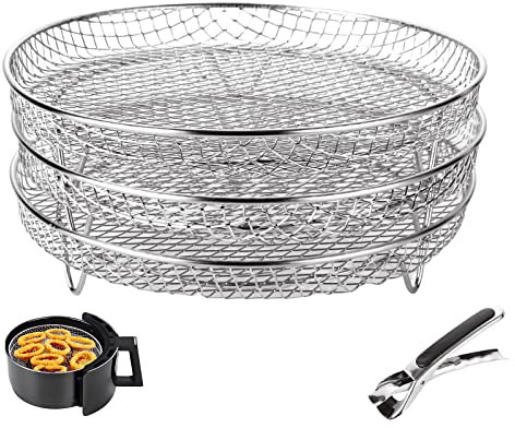 SENENQU Round Air Fryer Rack Compatible with Ninja, Three Layers Stackable Air Fryer Accessories, Stainless Steel Air Fryer Basket Dehydrator Rack Toast Rack Fit for 4.8L – 6.6L Air Fryer
