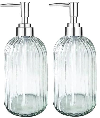 VAKOWOO 2 Pack Glass Soap Dispenser with Pump, 14 Oz Liquid Hand Soap Dispenser Clear, Refillable Glass Bottle Hand Dish Soap Jar Dispensers for Bathroom, Countertop, Kitchen, Laundry Room