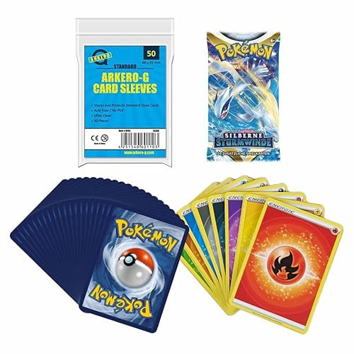 Arkero-G Pokemon Starter Bundle 50 gemischte Karten + 45 Energie Karten + 1 Booster + 50 Kartenhüllen - DEUTSCH - Geschenk-Set für die Sammlung oder das Deck