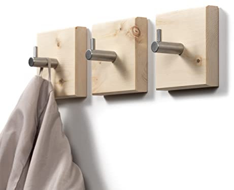 WOODS Garderobenhaken aus Zirbe quadratisch mit Klebepad I unsichtbare Montage ohne Bohren I einzeln oder als Garderobenleiste I Hakenleiste Holz-Garderobe (Zirbenholz, Edelstahl Haken, 3 Stück)