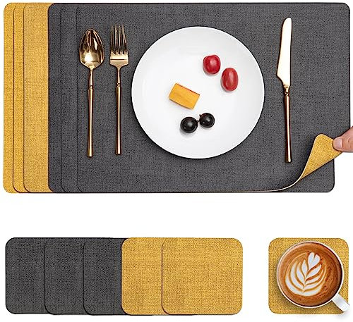 Myir JUN Tischsets Abwaschbar Leder und Untersetzer, Doppelseitigen Platzset 6er Set rutschfest Platzdeckchen Leder Kunstleder Tischset (Grau Gelb, 6er Set)