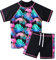 ZNYUNE Girls 2PCS Swimsuit Short Sleeve Kids BeachSwimming Set Costume for 3-12Years S404 BlackLeaves 14A