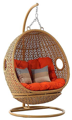 Fröhlicher Rattan-Hängesessel aus Rattan, Schaukel, Hängematte, Eierstühle, Aluminiumrahmen mit wasserabweisenden Kissen, Schaukelstuhl für den Innenbereich, Holzfarbe (Farbe: Holzfarbe)