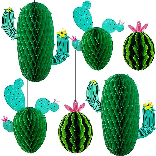 LLMSIX 6Pcs Cactus Party Decorations Hanging Cactus Honeycomb Fiesta Decorations Mexican Theme for Tables Centerpieces Suitble for Birthday Classroom Holiday Party Decoratio(Green)