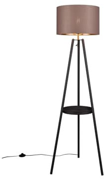 Tripod Stehleuchte mit Stoffschirm in Taupe/Gold & Ablagetisch, Höhe 152cm