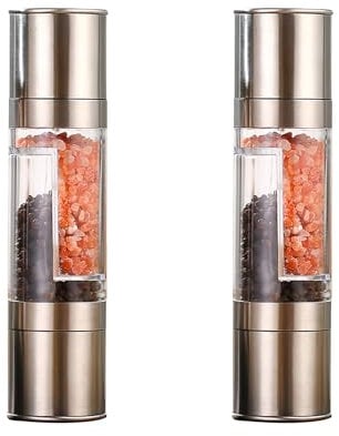 2Pcs Salt and Pepper Grinder, 2 in 1 Pepper Mill with Two-Head, 304 Stainlesssalt and Pepper Mill,Refillable Adjustable Coarse and Fine Pepper Grinder, Fits in Home, Kitchen