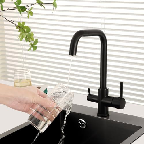 KINKIBOS Drei Wege Wasserhahn Schwarz, 3-wege küchenarmatur 360° Schwenkbar, 3 Wege Wasserhahn für Osmoseanlage, Trinkwasserhahn mit 2 Hebel, Messing Spültischarmatur für Filtersysteme Schwarz Retro